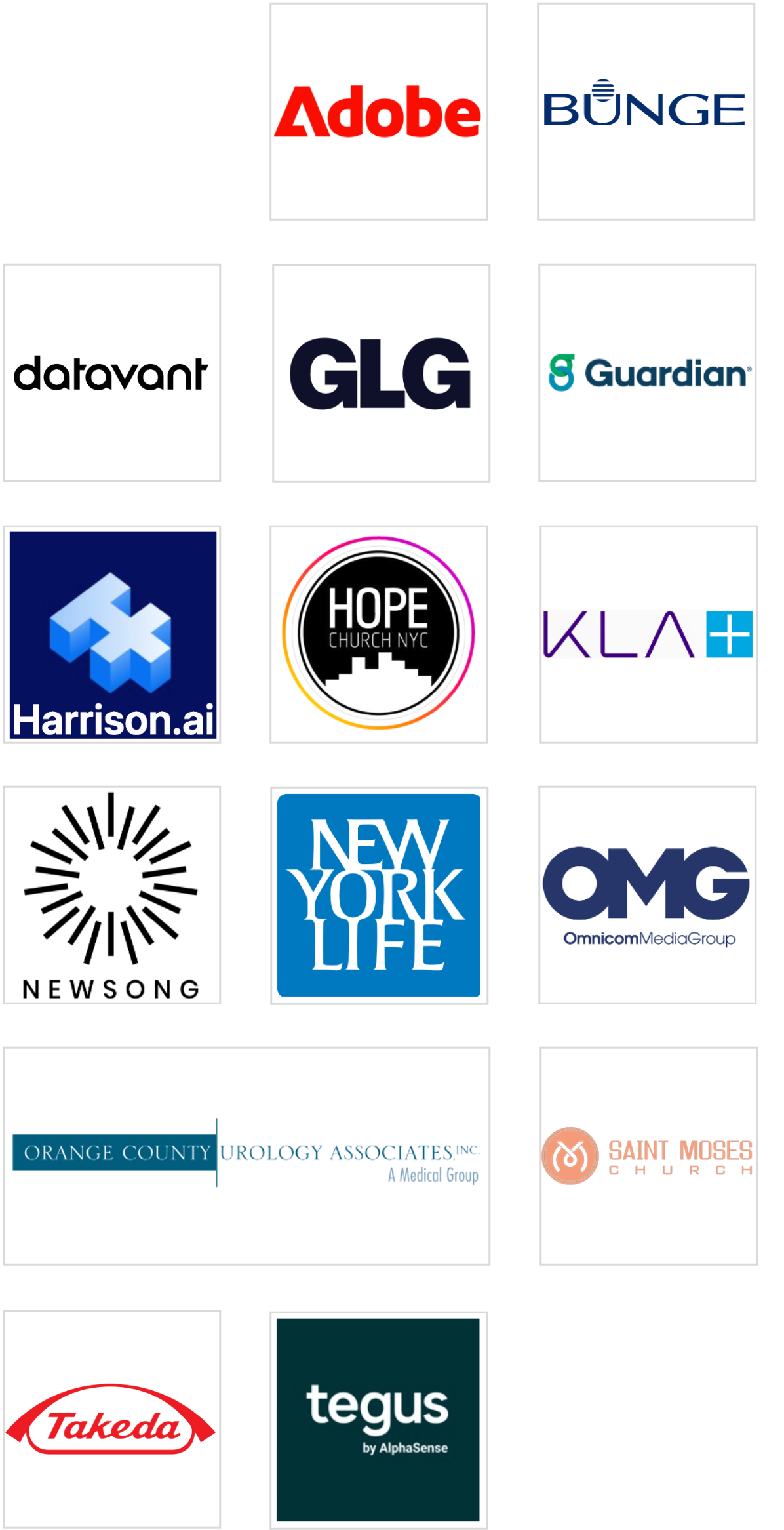 Client company logos including Adobe, New York Life, Takeda, Guardian, and others